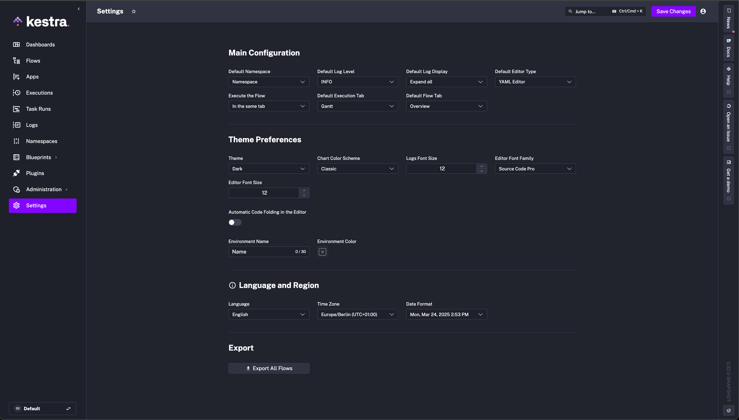 Kestra User Interface Settings Page